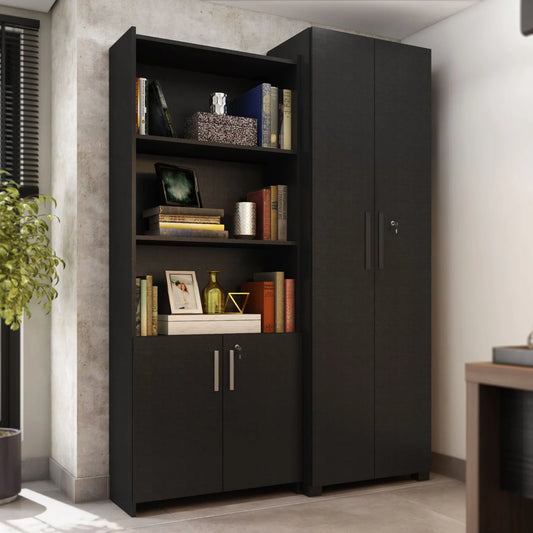 Kit Armários para Escritório Semi Aberto 2 Portas e Armário Alto com Chave Preto Tx