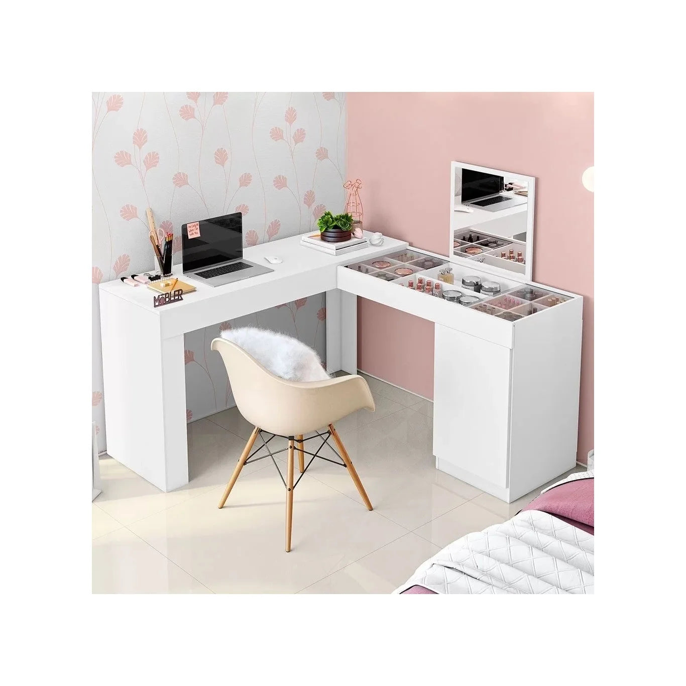 Escrivaninha Mesa Escritório Penteadeira de Canto 136x136cm com Espelho 1 Porta Star Branco