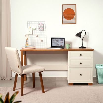 Escrivaninha Mesa Escritório 150cm 3 Gavetas Madeira Maciça Pinus Ananda CabeCasa MadeiraOriginals Off-White/Mel