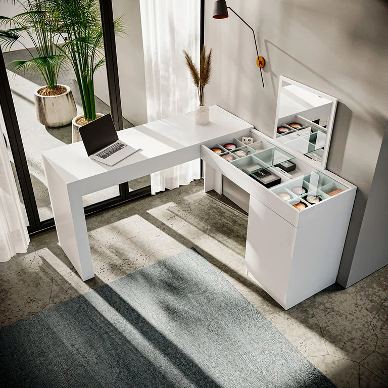 Escrivaninha Mesa Escritório Penteadeira de Canto 136x136cm com Espelho 1 Porta Star Branco