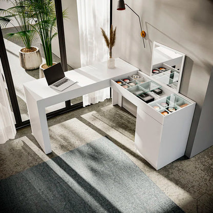 Escrivaninha Mesa Escritório Penteadeira de Canto 136x136cm com Espelho 1 Porta Star Branco