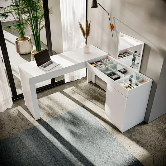 Escrivaninha Mesa Escritório Penteadeira de Canto 136x136cm com Espelho 1 Porta Star Branco