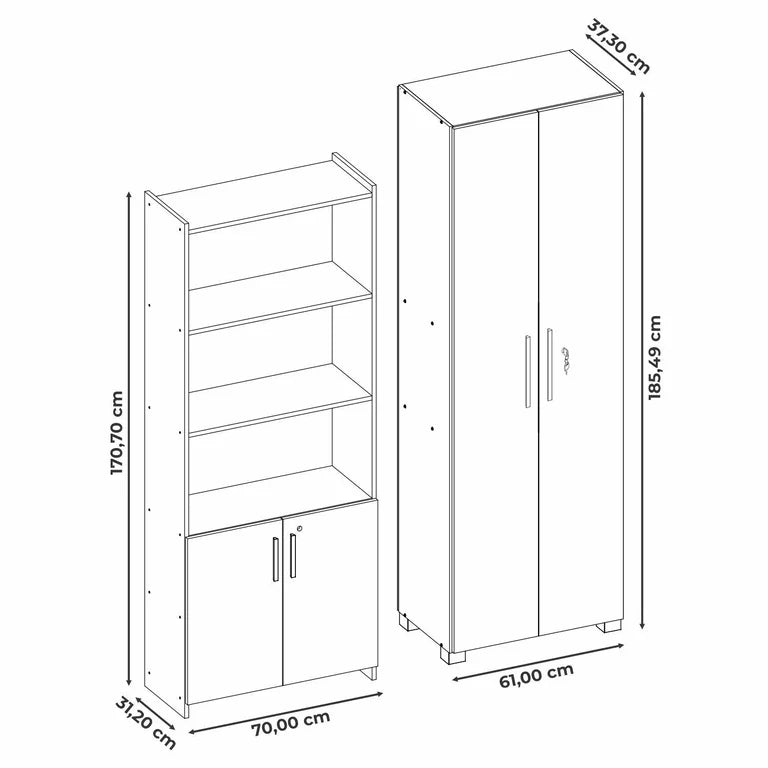 Kit Armários para Escritório Semi Aberto 2 Portas e Armário Alto com Chave Preto Tx