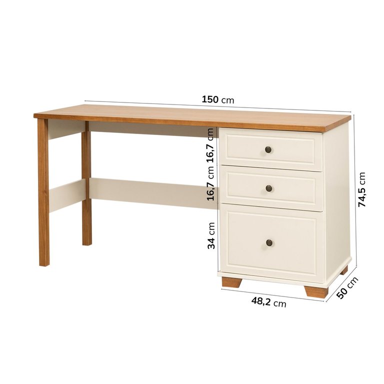 Escrivaninha Mesa Escritório 150cm 3 Gavetas Madeira Maciça Pinus Ananda CabeCasa MadeiraOriginals Off-White/Mel