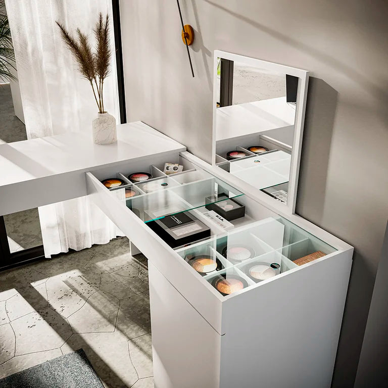 Escrivaninha Mesa Escritório Penteadeira de Canto 136x136cm com Espelho 1 Porta Star Branco