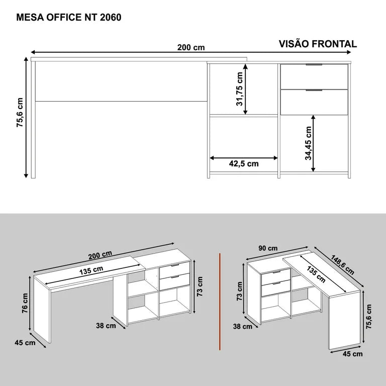 Escrivaninha Mesa Escritório em L 2 Gavetas 3 Nichos Office NT 2060 Branco New