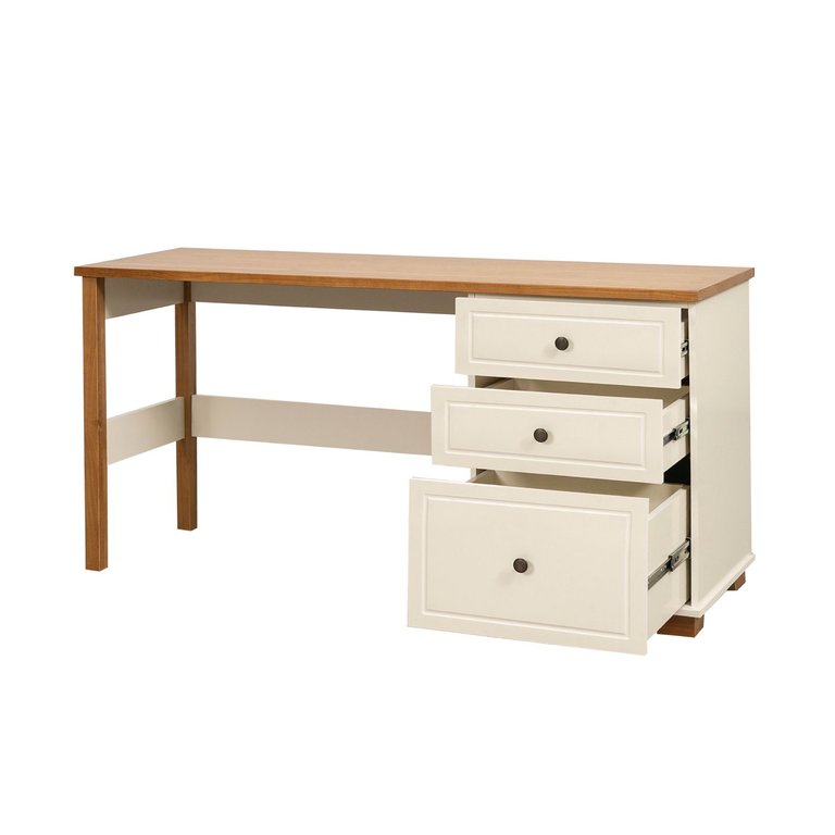 Escrivaninha Mesa Escritório 150cm 3 Gavetas Madeira Maciça Pinus Ananda CabeCasa MadeiraOriginals Off-White/Mel