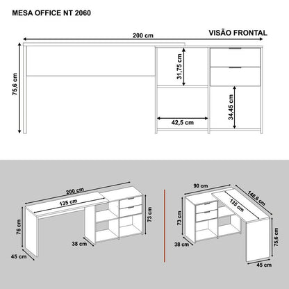 Escrivaninha Mesa Escritório em L 2 Gavetas 3 Nichos Office NT 2060 Branco New