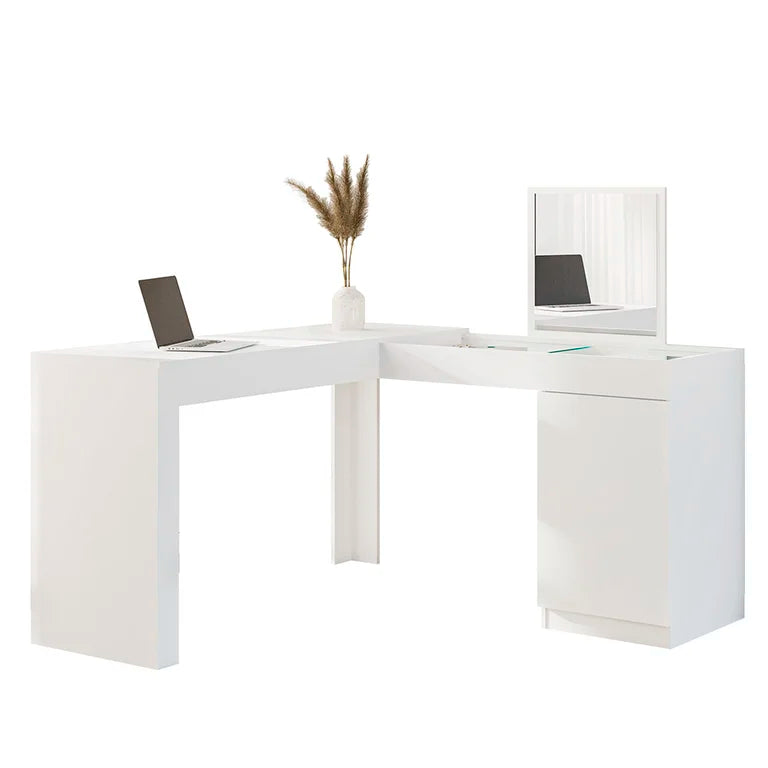 Escrivaninha Mesa Escritório Penteadeira de Canto 136x136cm com Espelho 1 Porta Star Branco