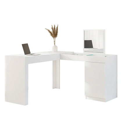 Escrivaninha Mesa Escritório Penteadeira de Canto 136x136cm com Espelho 1 Porta Star Branco