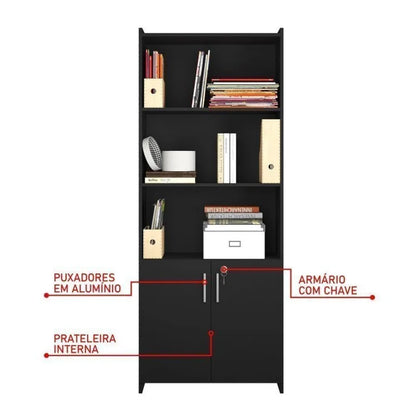 Kit Armários para Escritório Semi Aberto 2 Portas e Armário Alto com Chave Preto Tx