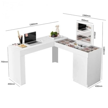 Escrivaninha Mesa Escritório Penteadeira de Canto 136x136cm com Espelho 1 Porta Star Branco