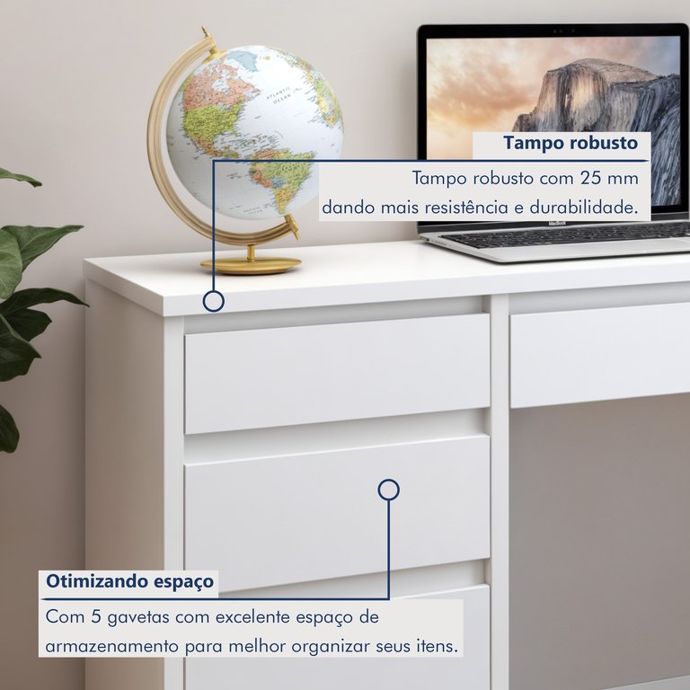 Escrivaninha 5 Gavetas 100% MDF Berlim Yescasa Branco