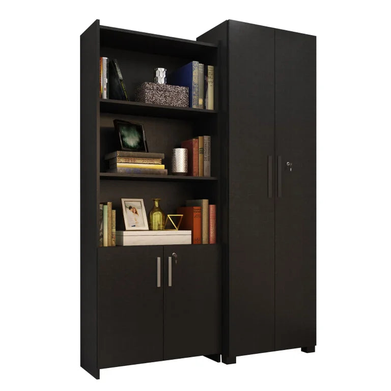 Kit Armários para Escritório Semi Aberto 2 Portas e Armário Alto com Chave Preto Tx